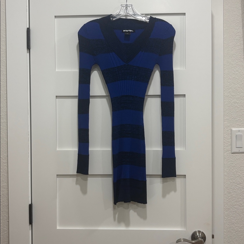 Planet Gold Long Sleeve Ribbed Stripe Dress - Blue & Black